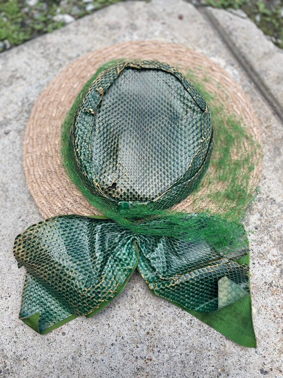 Rare and Wild Vintage Straw Bonnet with green rep… - image 6