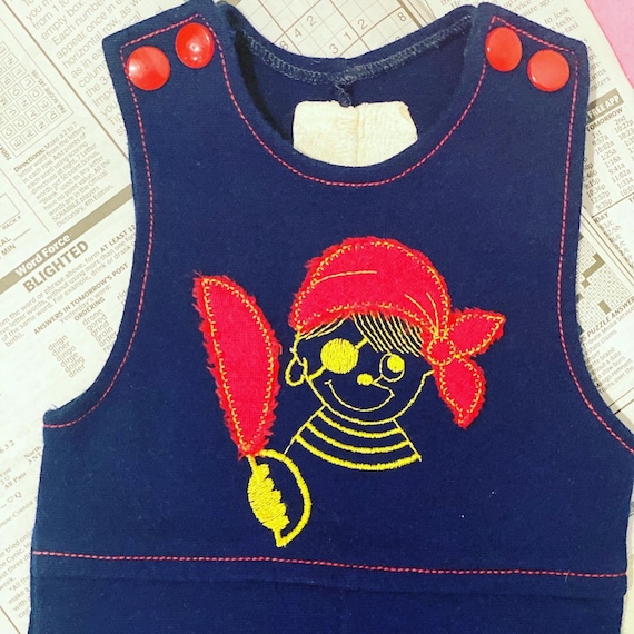 Kids Wool Pirate Overalls Onesie Appliqué Navy Vi… - image 1