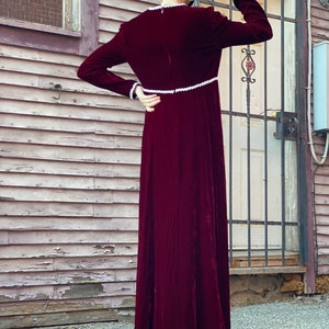 Blood Red Brick Wine Velvet Maxi Dress-1980s Does Victorian Holiday-Gown-Witchy-Goth-White Pearl Trim-Dark Gothic Femme Princess Medium image 8