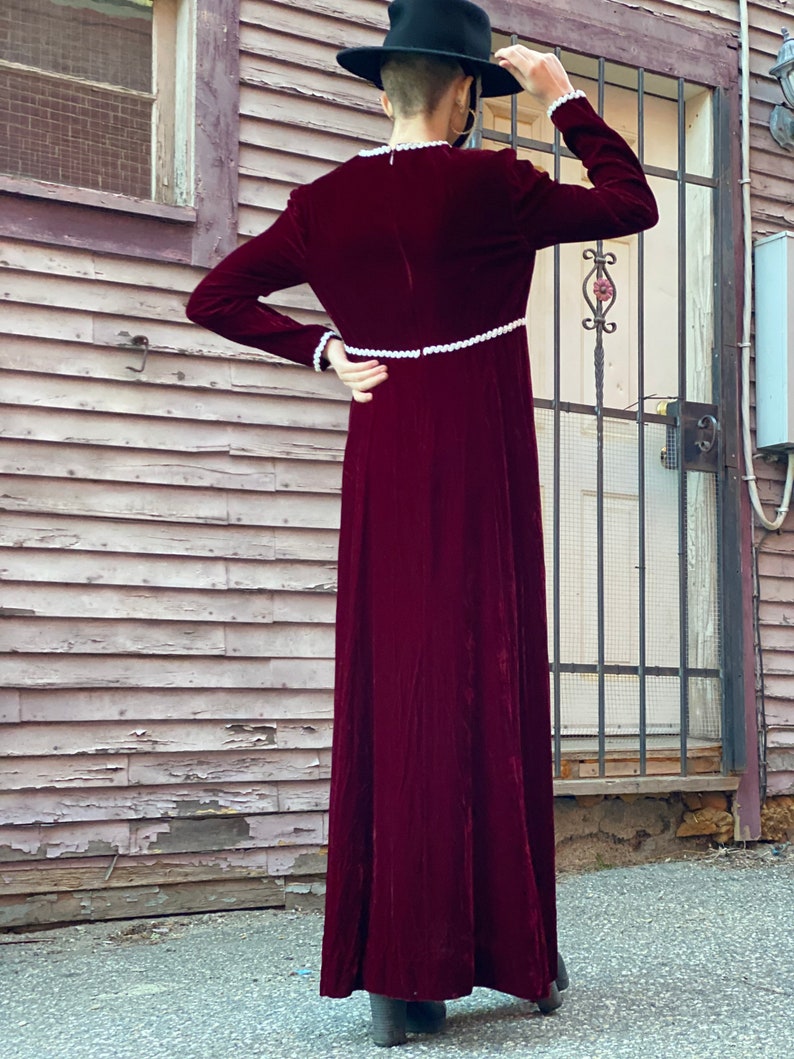 Blood Red Brick Wine Velvet Maxi Dress-1980s Does Victorian Holiday-Gown-Witchy-Goth-White Pearl Trim-Dark Gothic Femme Princess Medium image 8