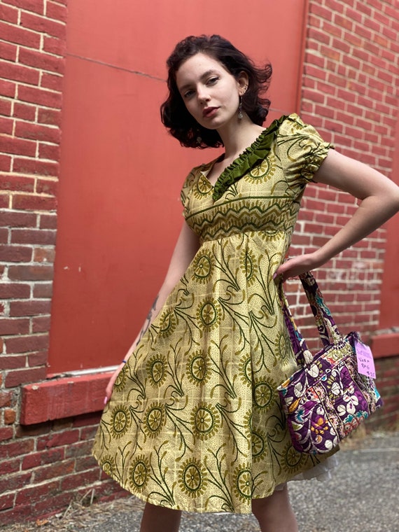 1970s Handmade Green Ruffle Dress-puff Sleeve-abstract Floral-full 