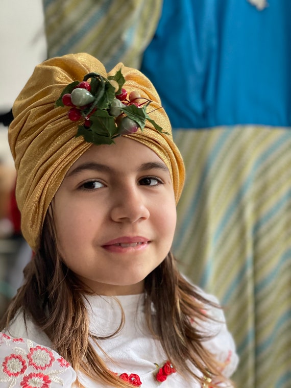 Vintage Metallic Turban with Fruit-Gold Stretch L… - image 3