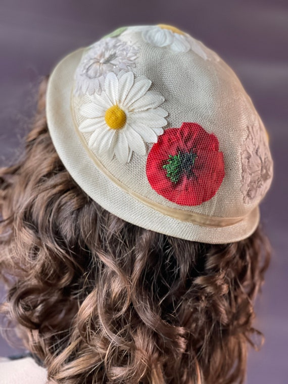 1950s Vintage Floral Half Hat-White Straw Cap-Net-