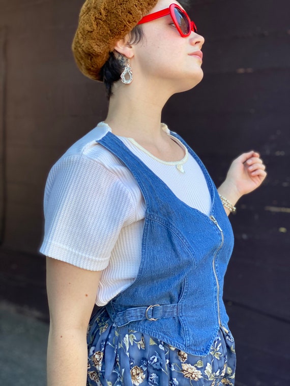 1990s Denim Pinafore Dress-Floral-Waffle Knit-Top… - image 10