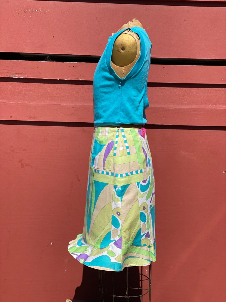 90s Pucci style abstract print ruffle skirt purple green turquoise 60s 70s Mod Vintage summer seperates