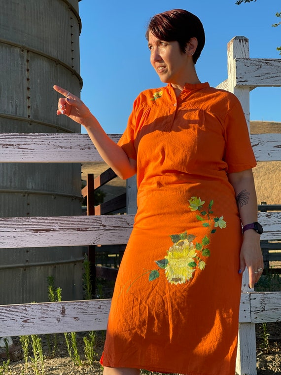 Vintage Orange Cotton shift dress-Hand-painted ye… - image 7