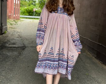 70s Kaiser India Gauze Dress, Vintage Block Print Middle Eastern  