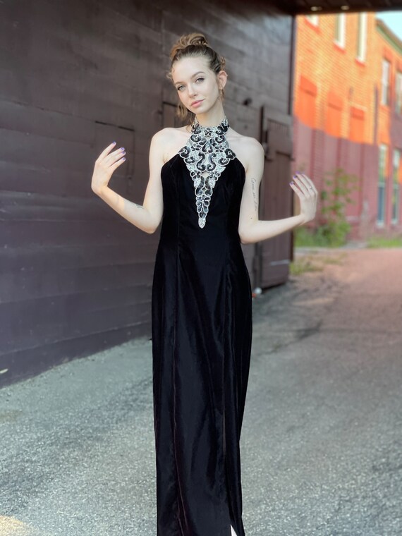 1980s Halter Neck Beaded Black Velvet Evening Gown - image 5