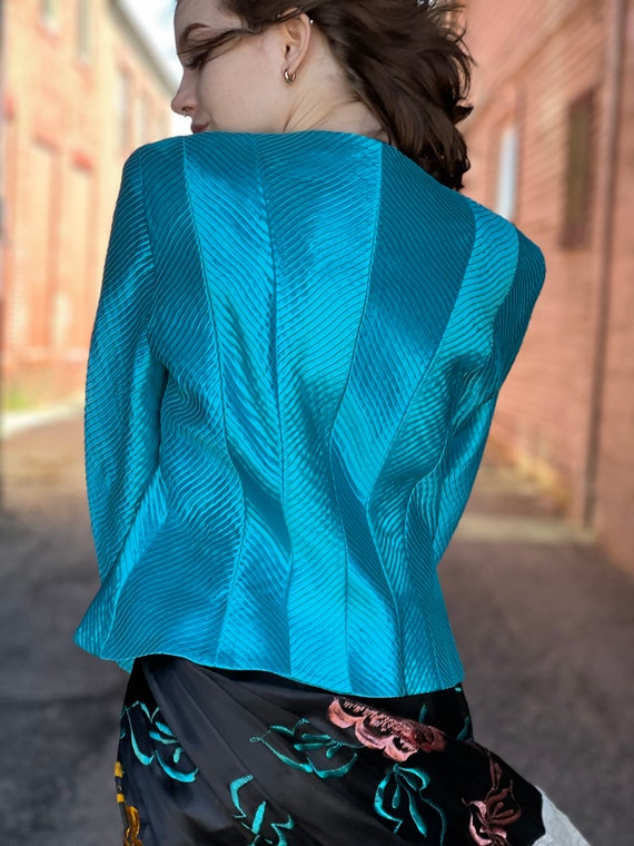 1980s Turquoise Blue Pleated-Evening Jacket-Jet B… - image 8