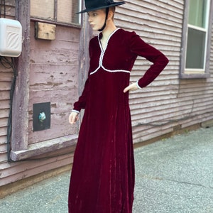 Blood Red Brick Wine Velvet Maxi Dress-1980s Does Victorian Holiday-Gown-Witchy-Goth-White Pearl Trim-Dark Gothic Femme Princess Medium image 6