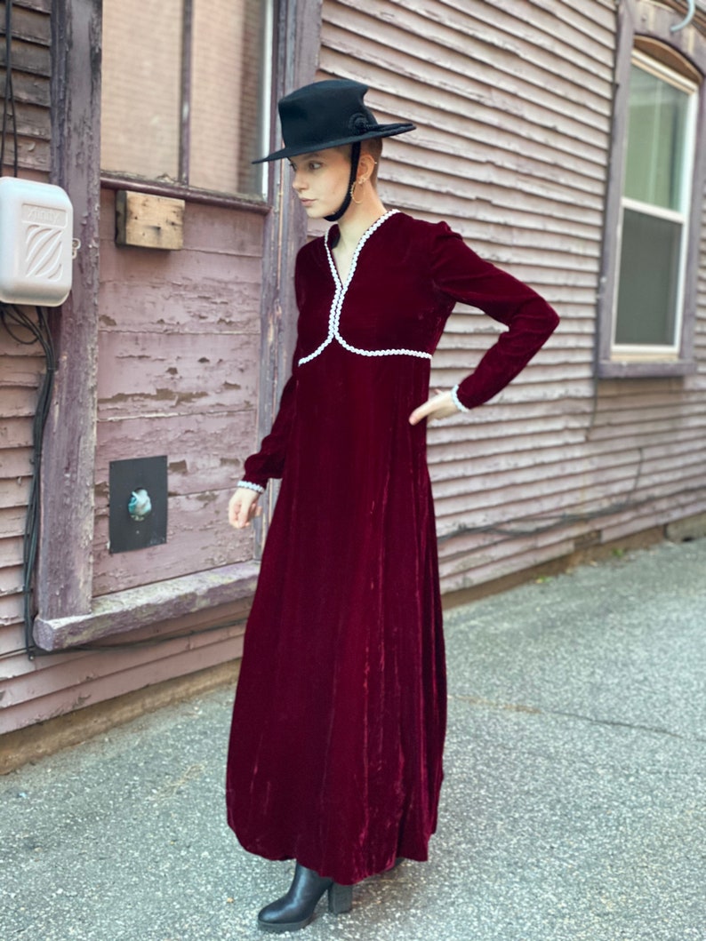 Blood Red Brick Wine Velvet Maxi Dress-1980s Does Victorian Holiday-Gown-Witchy-Goth-White Pearl Trim-Dark Gothic Femme Princess Medium image 6