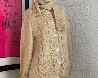 Vintage Midcentury oatmeal mohair Cardigan sweater coat-Spring-Winter White-cream-Medium-Wool-retro-50s-60s-Jumper-Mrs Maisel-Cable Knit