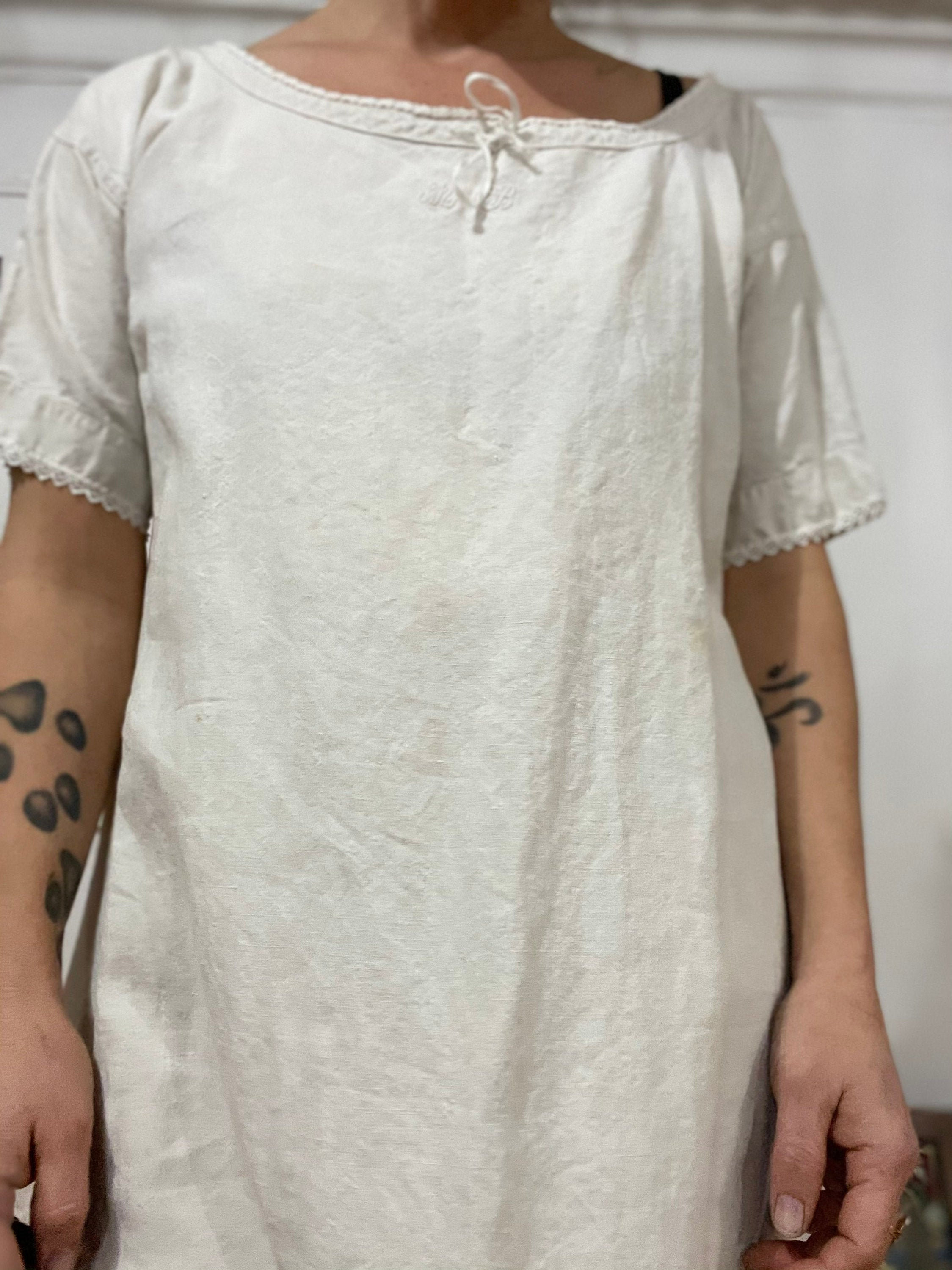Antique French Linen Nightgown monogrammed Chemise ecru oatmeal