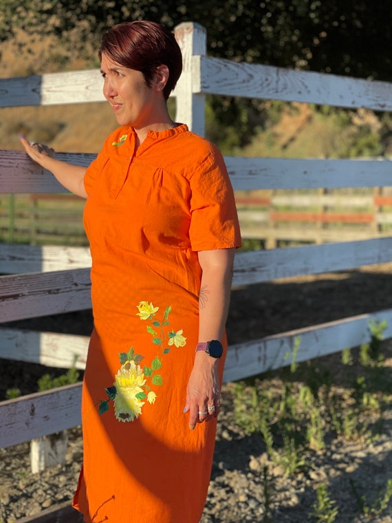 Vintage Orange Cotton shift dress-Hand-painted ye… - image 5