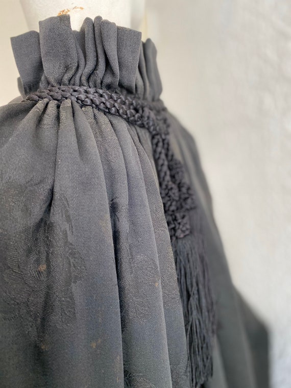 Antique Silk Damask Jet Black Fringed Cape-Mourni… - image 7