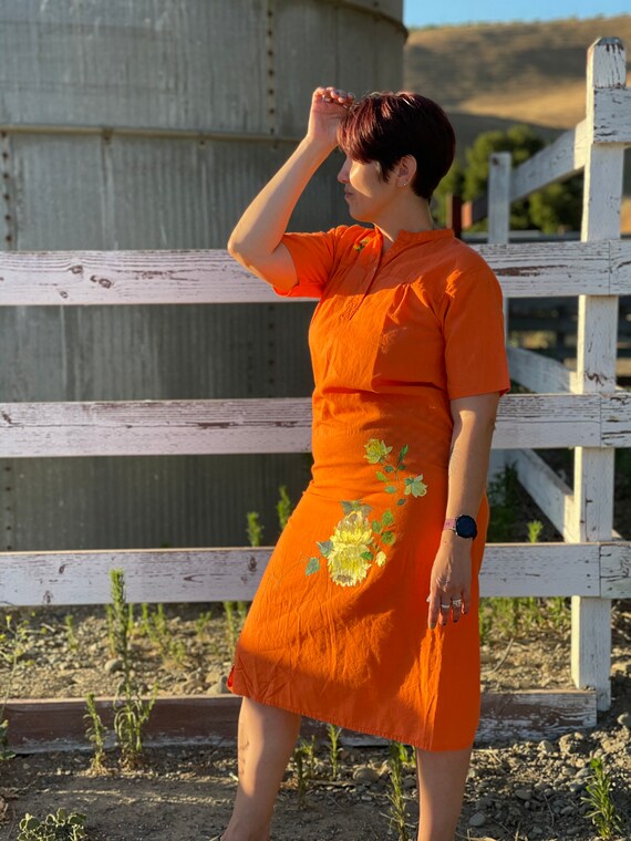 Vintage Orange Cotton shift dress-Hand-painted ye… - image 9