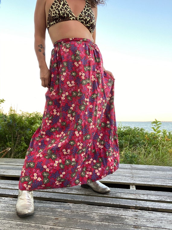 Vintage Cotton Print Maxi Skirt-Rose Pink Purple-… - image 2