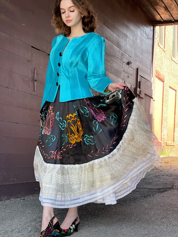 1980s Turquoise Blue Pleated-Evening Jacket-Jet B… - image 5