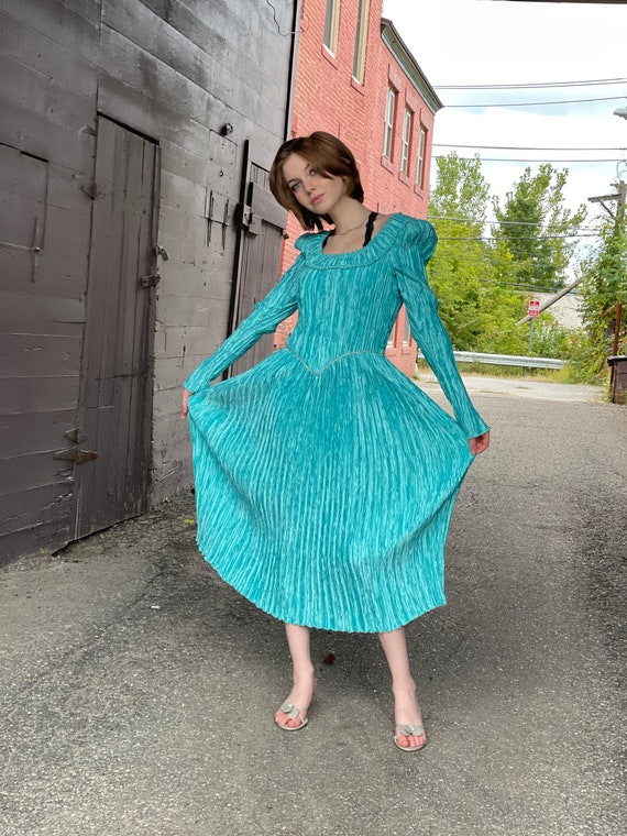 1980s Mermaid Dream Dress-Turquoise Micro Pleat Fo