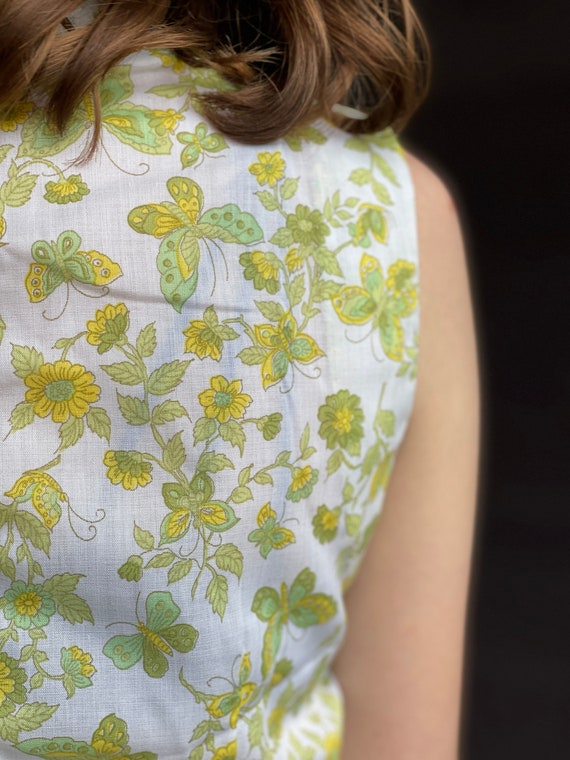 1960s Floral Butterfly Shift Dress-Yellow Green-M… - image 10