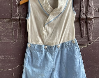 1920s blue and white cotton Romper-Playsuit-Sleeveless-Antique-Childs-Play-Summer-Shorts-Shirt-Coverall-Small-3-5 years