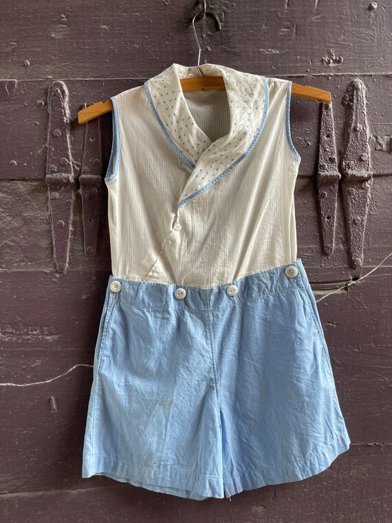 1920s blue and white cotton Romper-Playsuit-Sleev… - image 1