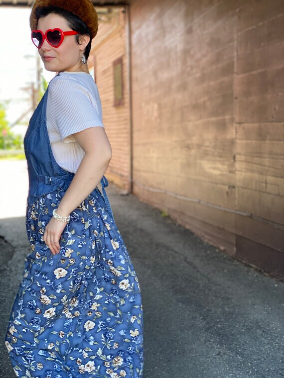 1990s Denim Pinafore Dress-Floral-Waffle Knit-Top… - image 3