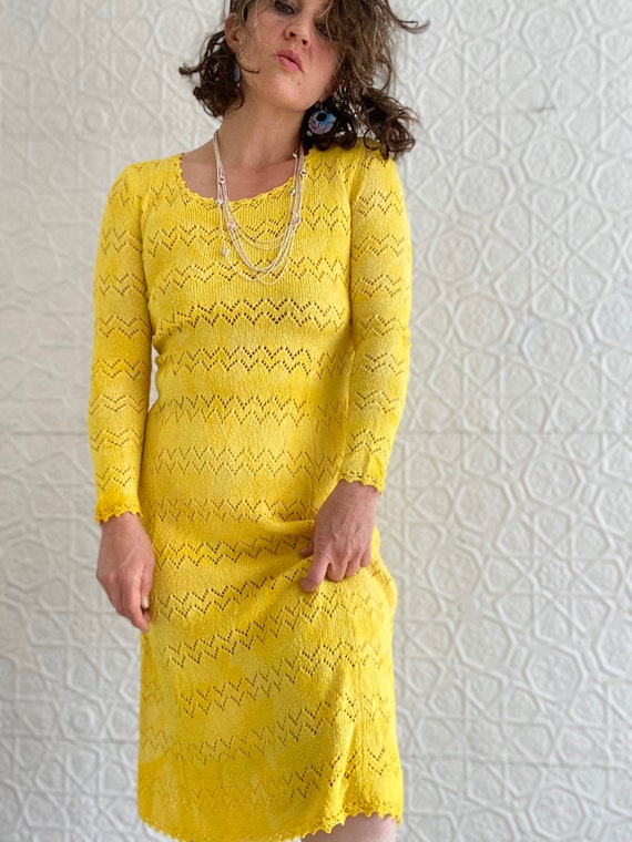 1970s Knit Dress-Natural Dyed-Tumeric Yellow-Midi