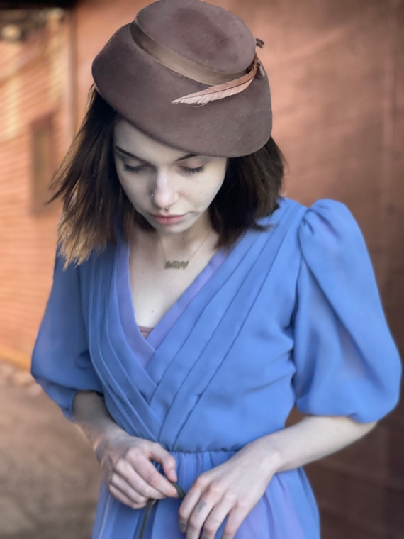 Midcentury Wool Felt Hat-Cloche-Feather-Brown-Bei… - image 1