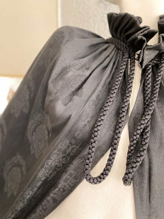 Antique Silk Damask Jet Black Fringed Cape-Mourni… - image 3