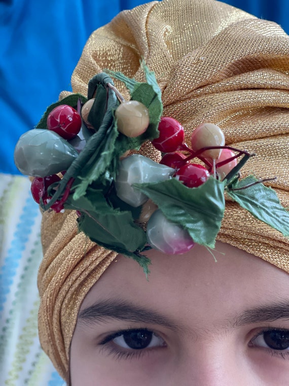 Vintage Metallic Turban with Fruit-Gold Stretch L… - image 4