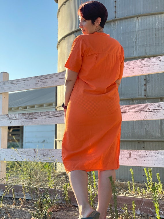Vintage Orange Cotton shift dress-Hand-painted ye… - image 6