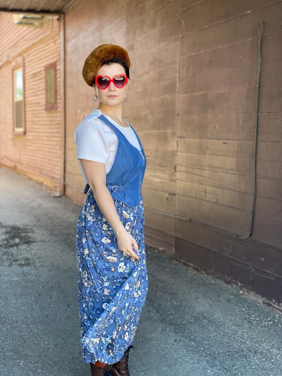 1990s Denim Pinafore Dress-Floral-Waffle Knit-Top… - image 8