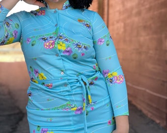 1970s Psychedelic Shift Dress-Photo Realistic-Floral-Poppy Print-Sky Blue-Hippie-60s-Asian Style-Flower Power Style-Boho Hostess Loungewear