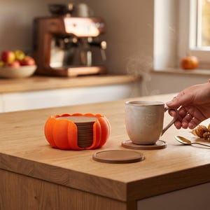 Könnte beinhalten: Ein Set aus runden braunen Untersetzern in einem leuchtend orangefarbenen, kürbisförmigen Halter. Ein Untersetzer liegt flach auf der Oberfläche, während ein anderer eine dampfende Keramiktasse trägt. Das Design hat eine glatte Oberfläche.