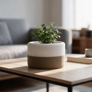 Peut inclure: Un pot de fleurs cylindrique composé d'une partie supérieure blanche à rainures verticales et d'une base inférieure brune à la texture granuleuse. Une petite plante verte aux tiges multiples et aux feuilles arrondies est plantée dedans.