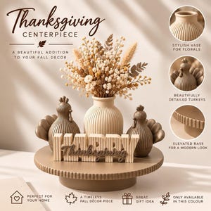 Fall Centerpiece Set with Ribbed Vase, Two Turkey Figurines and Thanksgiving Sign