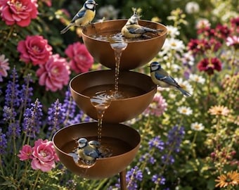 Rustiek bronzen vogelbad met 3 niveaus en waterval | Waterpartij voor buiten in de tuin