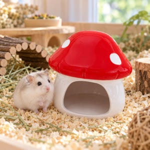Peut inclure: Un petit hamster de couleur claire avec des marques grises se tient à côté d'une cachette en céramique en forme de champignon. La cachette présente un chapeau rouge brillant à pois blancs et une base blanche avec une grande ouverture arquée.