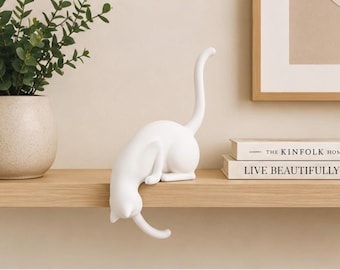White Cat Shelf Sitter Figurine | Peeking Cat Statue for Shelf, Desk or Bookcase