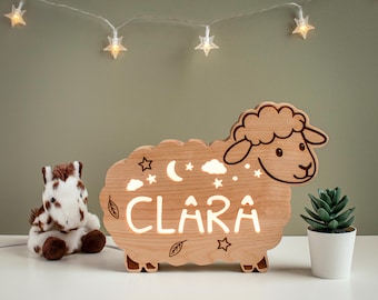 Veilleuse Personnalisée mouton, Cadeau Naissance Bébé Garçon Fille, Lampe Enfant Bois, Déco Chambre Animaux de la Forêt, Cadeau Baptême
