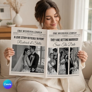 Modello di giornale "Save the Date", Modello di giornale per matrimoni con foto, Newlywed Times, Futuri Signori e Signora, Modello di cartello "La nostra storia d'amore"
