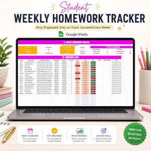May include: A digital student weekly homework tracker template for Google Sheets displayed on a laptop screen. The interface features a pink header, a homework table with columns for subject, assignment, due date, priority, and status, plus a dashboard.
