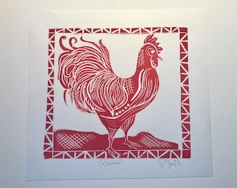 Red Rooster Handmade Blockprint Handprinted - Farmhouse Art Decor, Handprinted in New England