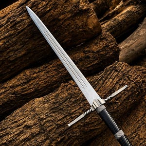 May include: A double-edged steel sword featuring a pointed blade with a central fuller, a silver-toned crossguard with twisted metal detailing, and a black leather-wrapped grip with a silver-toned pommel and collar.