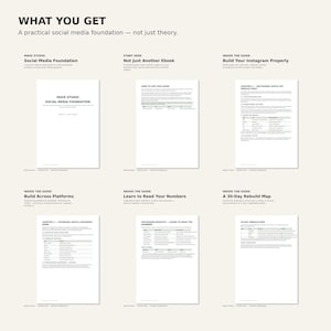May include: A digital guide titled Social Media Foundation featuring six pages of content including a cover, instructions, and chapters on Instagram, platform building, analytics, and a 30-day rebuild map with tables and text on a light background.