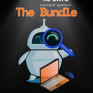 Peut inclure: Un graphique de système de contenu numérique avec un robot bleu clair tenant une loupe bleue au-dessus d'un ordinateur portable et d'une souris. Le texte indique 43 DAYS content system The Bundle et Content Prompts, Hooks, Scripts & Calendar.