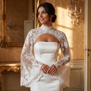 Puff Sleeve Bridal Bolero, Lace Wedding Jacket Keyhole Back Buttons, Voluminous Bride Cape