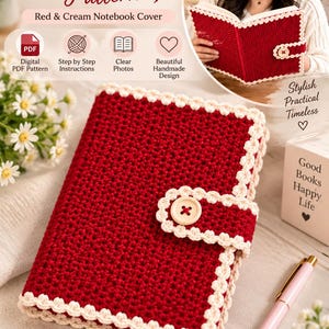 May include: A red and cream crochet book cover featuring a textured stitch pattern, a cream-colored scalloped border, and a central tab closure secured with a single round wooden button. The cover is displayed as a digital PDF pattern.