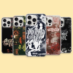 Peut inclure: Cinq coques de smartphone arborant des graphismes du groupe Pierce the Veil. Les designs présentent des palettes de couleurs noir, blanc et rouge avec des logos, des collages et du texte comme 'Pierce the Veil' et 'I don't care if you're contagious'.